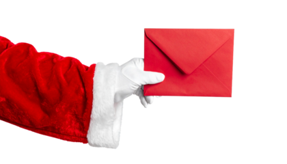 A hand in a white glove holds a red envelope, reminiscent of the holiday season. The hand, adorned in a classic red and white suit, presents the envelope. 