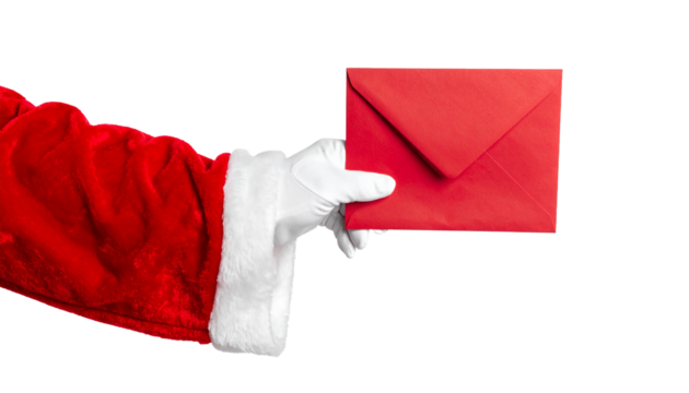 A hand in a white glove holds a red envelope, reminiscent of the holiday season. The hand, adorned in a classic red and white suit, presents the envelope. 