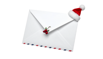 A Christmas letter with a festive Santa hat and red berries attached, sent during the holiday season