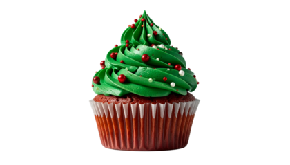 A festive Christmas tree cupcake. The cupcake is adorned with green frosting and colorful decorations, creating a delicious and celebratory treat. 
