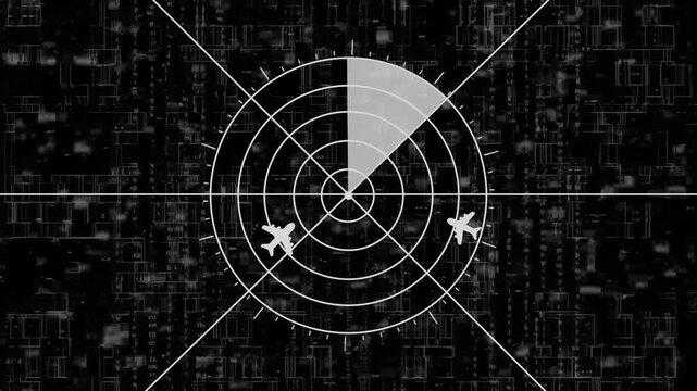 Radar screen animation with planes black and white radar screen with planes on a dark background radar screen animation with planes on a dark background radar screen