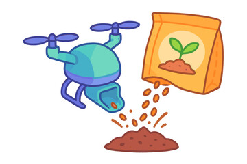 Smart farming drone dropping seeds into a pile of soil near an open bag of planting material