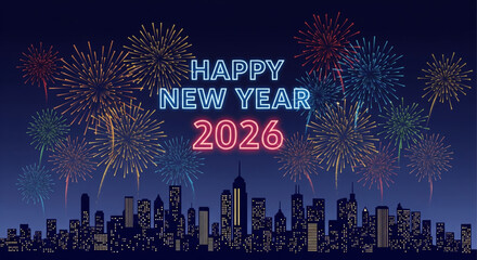 Festive fireworks illuminate the night sky above a silhouetted city skyline, celebrating the new year.