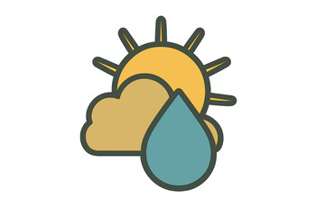 Modern graphic symbol representing weather forecast with sun, cloud, and falling blue raindrop