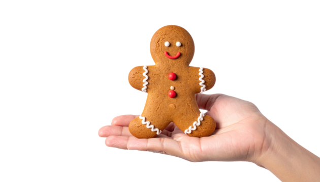 A charming gingerbread man presented on a welcoming hand. The cookie features an adorable expression and festive decorations
