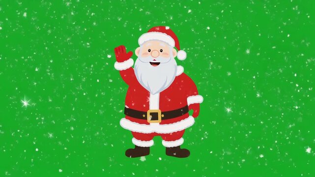 Cheerful cartoon Santa Claus wearing his iconic red suit and hat, waving hello against a festive green background with falling snow and glitter.