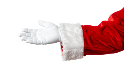 Santa's arm outstretched, ready to give a warm greeting or a helping hand. The hand is covered in a white glove, the sleeve is adorned with soft, white fur, and the attire is red
