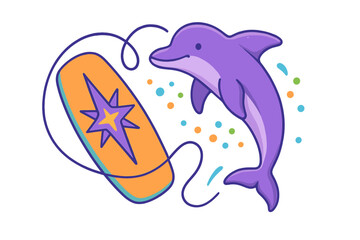 Playful purple dolphin jumping next to a bright orange surfboard with a star graphic design
