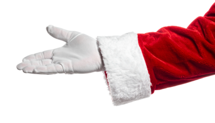 An arm in a Santa Claus costume extends a welcoming hand, showing the gesture of inviting. The sleeve of the Santa Claus costume is trimmed with white fur and the glove is white