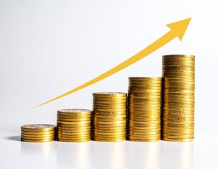 Rising trend of golden coins showing financial growth with an upward arrow representing success and progress