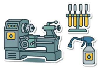 Industrial lathe machine with cutting tools and coolant spray bottle for manufacturing work
