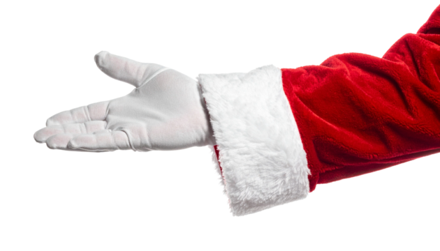 An arm in a Santa Claus costume extends a welcoming hand, showing the gesture of inviting. The sleeve of the Santa Claus costume is trimmed with white fur and the glove is white