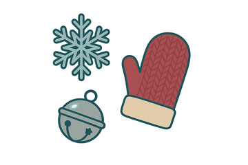 Set of festive winter symbols including a warm knitted glove, intricate snowflake, and classic Christmas bell