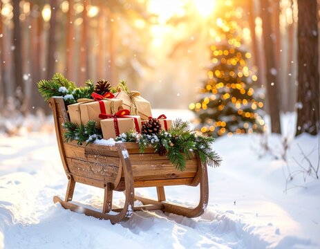 Wooden sled with Christmas gifts and pine decorations in snowy forest at sunrise &mdash; festive holiday scene