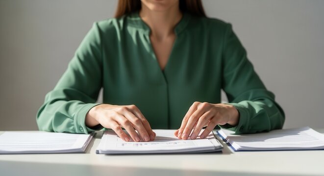 A businesswoman reviews legal documents at her office desk.Close-up of a professional employee working with contracts and reports.