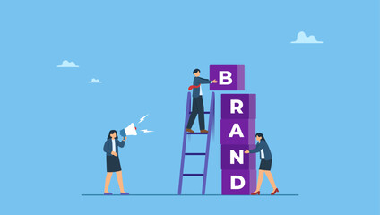 Business people help building block with the word BRAND. Build branding or brand awareness, marketing or advertising for company reputation, strategy to promote product or sales strategy.	