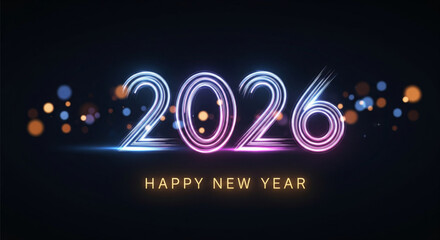 Glowing neon numbers and text celebrate the arrival of the year 2026.