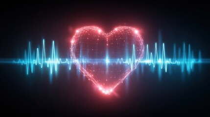 A glowing heart shape with a digital pulse line, love and vitality in a modern, vibrant design, ai tech merged background
