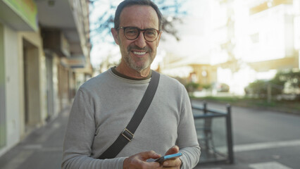 Mature man using smartphone on a sunny urban street capturing a relaxed moment outdoors with shops...