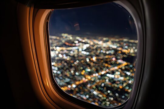 Night city lights seen from an airplane window