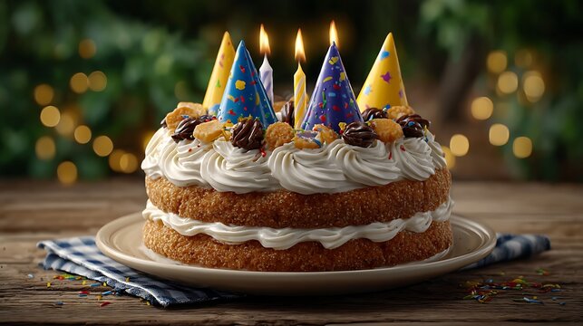 Sparkling birthday celebration setup featuring cake with flaming candles, party hats, streamers, and table d?(C)cor.