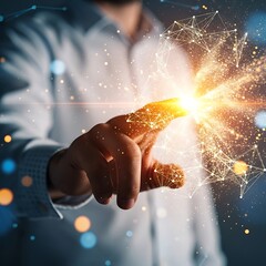 Man touching a digital interface with glowing network connection