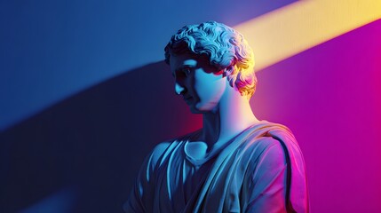 Detailed Neo-Classical Sculpture with Pulsating Neon Hues Casting Dramatic Shadows in a Minimalist Modern Setting