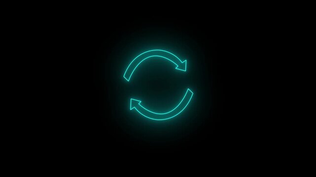 Neon refresh icon on a black background, symbolizing update, reload, and synchronization with glowing arrows forming a circular motion