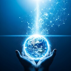 Hands holding earth with light beam and digital connection