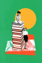 Naklejka premium Poster 3d sketch pop artwork image collage of two happy girls stand book stack encyclopedia bookworm hobby education concept