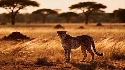 A powerful cheetah stands still in windswept African savanna grasslands, perfect for wildlife conservation day - Powered by Adobe