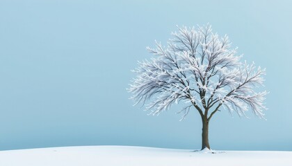Fototapeta premium Solitary deciduous tree frosted with ice against a minimalist pale blue winter sky and snowy ground