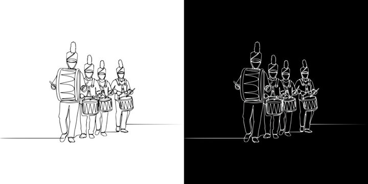 Drumline marching band performing for Mardi Gras, isolated vector image in line art style, two versions on transparent and black background
  