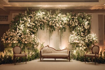 Elegant floral arch backdrop for a wedding reception