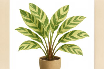 Calathea plant thriving in a brown pot, showcasing its distinctive green and yellow striped foliage for home and office decoration