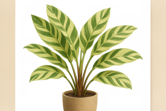 Calathea plant thriving in a brown pot, showcasing its distinctive green and yellow striped foliage for home and office decoration - Powered by Adobe