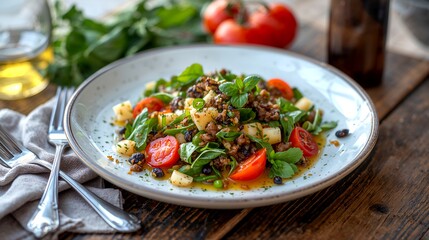 a healthy and fresh salad on a plate, with a wooden table background