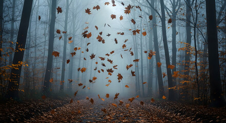 Blurred Background with Falling Autumn Leaves