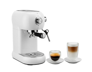 Espresso Machine with Coffee: An elegant white espresso machine, accompanied by a rich espresso shot and a layered latte, embodies the art of crafting premium coffee