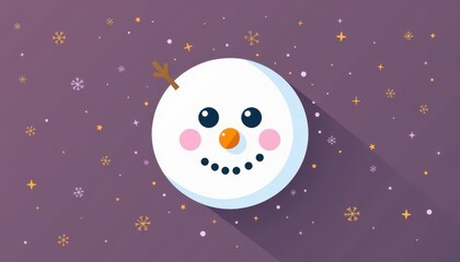 Naklejka premium Cute flat design snowman face illustration against a dark purple background with falling snowflakes