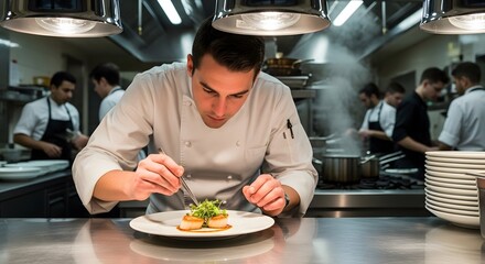 Focused Chef Plating Gourmet Dish in Commercial Kitchen