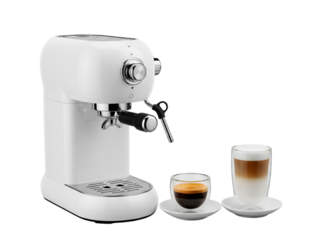Espresso Machine with Coffee: An elegant white espresso machine, accompanied by a rich espresso shot and a layered latte, embodies the art of crafting premium coffee