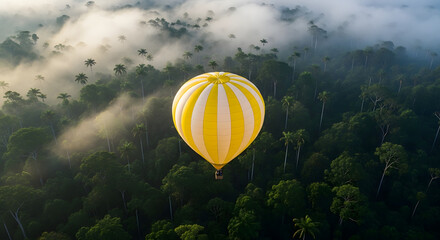 Yellow Hot Air Balloon Floating Over Foggy Forest Canopy