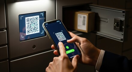 Smartphone scanning qr code on digital locker for secure package retrieval
