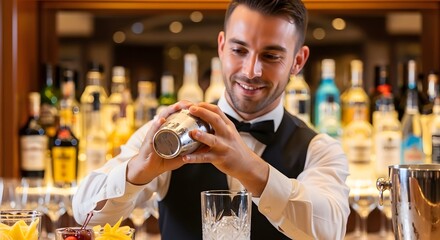 Smiling Bartender Shaking a Cocktail in Bar
