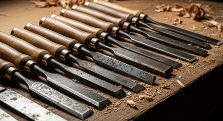 Vintage woodworking chisels on rustic workbench with wood shavings