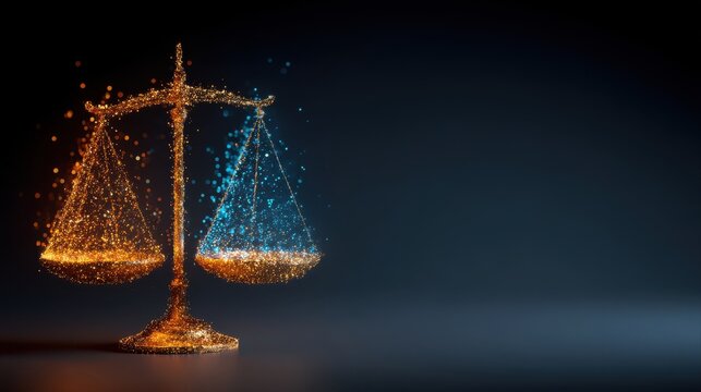A digital representation of a balance scale, justice and fairness, created using vibrant particles in orange and blue, ai tech merged background - Powered by Adobe