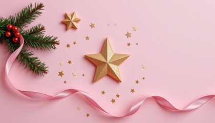 Gold star ornaments pine branch with red berries and pink ribbon on a pale pink background
