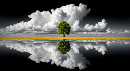 Conceptual Image of Single Tree with Reflection Under Clouds