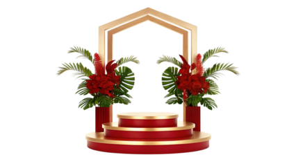 Elegant red and gold podium with floral decorations isolated on transparent background